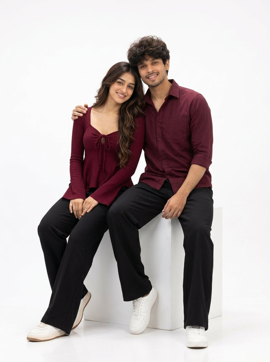 Burgundy Black 4-Piece Matching Couple Set - Seated Studio Pose on White Cube