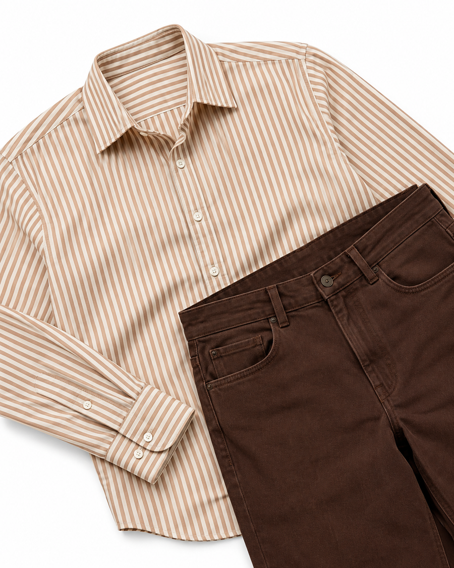 Chocolate Cream 4-Piece Matching Couple Set - His 2-Piece Outfit Flat-Lay (Mocha Vertical Striped Button-Down Shirt & Rich Chocolate Brown Straight Trousers, Pure White Background)
