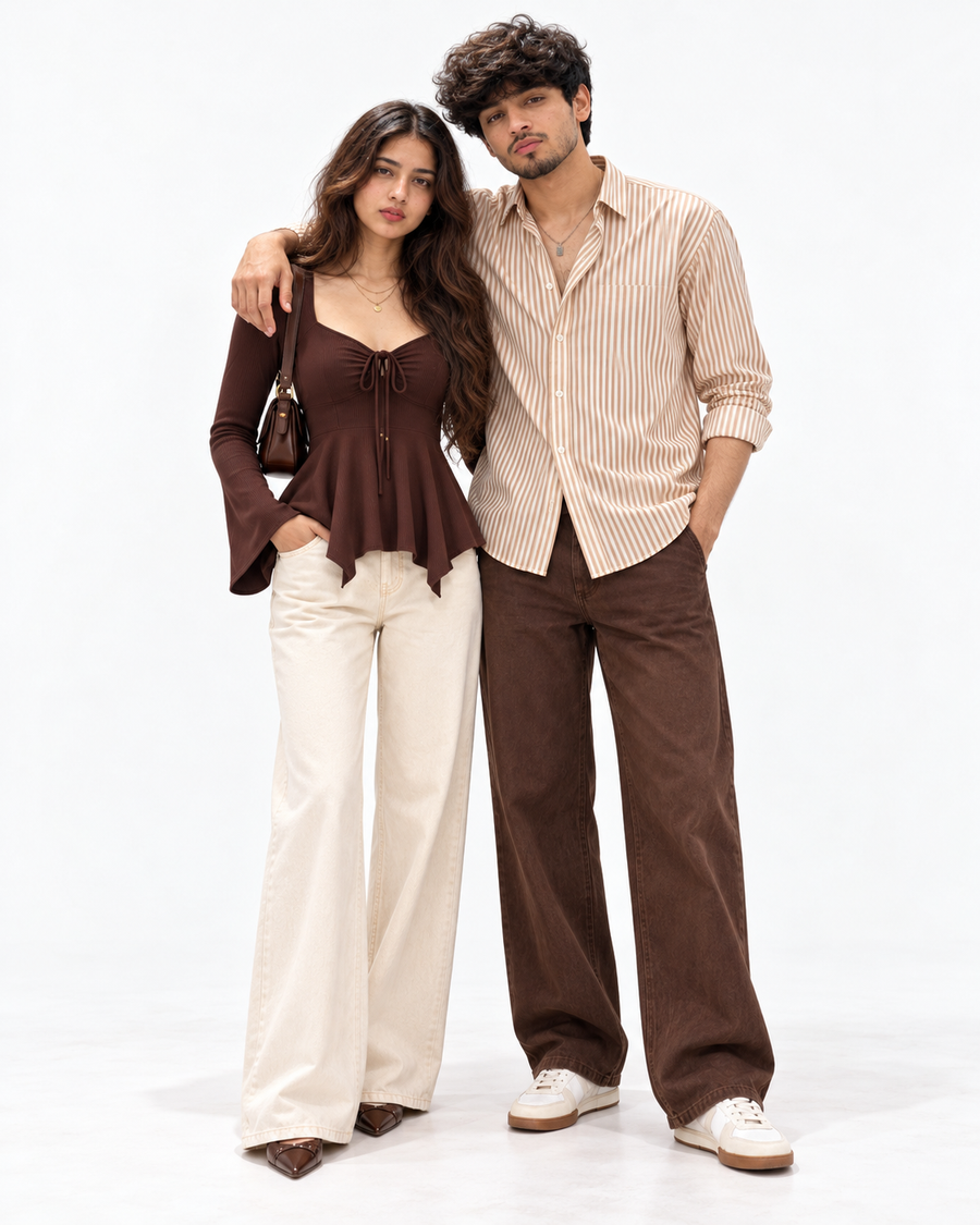Chocolate Cream 4-Piece Matching Couple Set - Editorial Hero Studio Shot (Both Models Camera-Facing with Direct Eye Contact, Female in Chocolate Peplum Top & Cream Wide-Leg Denim, Male in Mocha Striped Shirt & Brown Tailored Trousers, Pure White Studio)