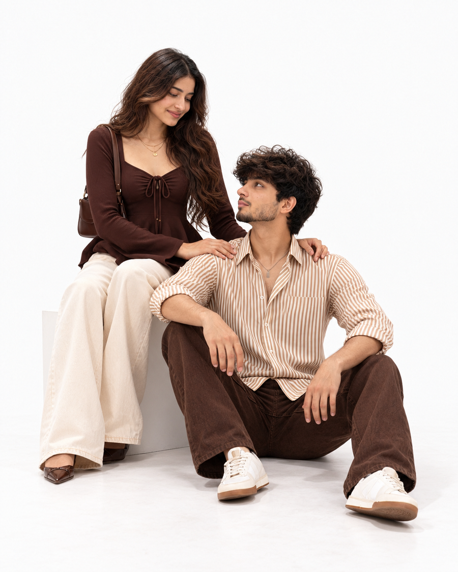 Chocolate Cream 4-Piece Matching Couple Set - Seated Editorial Studio Pose (Female on White Cube in Cream Wide-Leg Denim, Male Relaxed on Floor, Genuine Couple Connection)