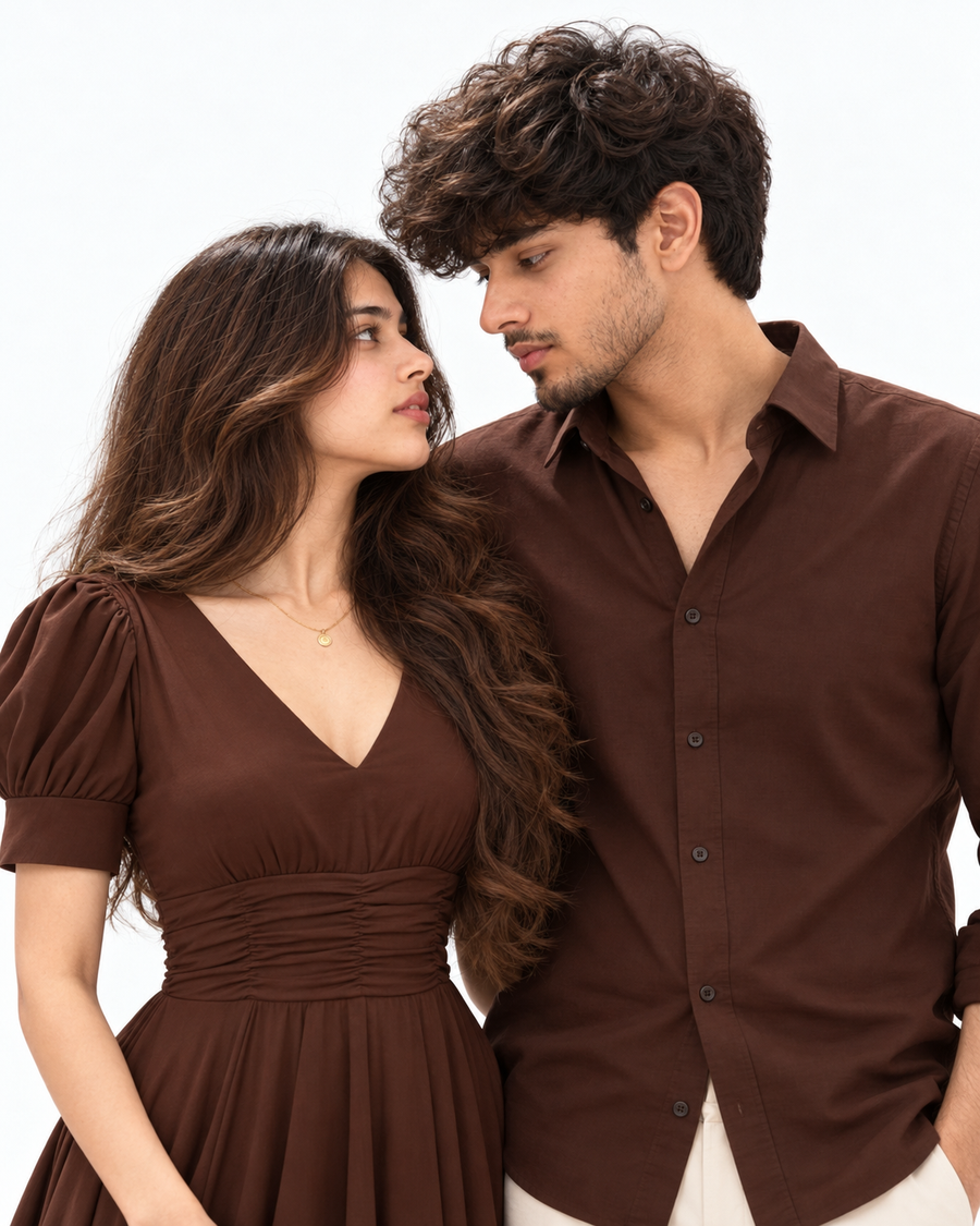 Cocoa Brown Dress & Shirt Couple Set - Intimate Couple Close-Up Editorial Portrait (Natural Couple Closeness, Affectionate Side-Glance, Matte Skin, Smocked Waist Detailing)