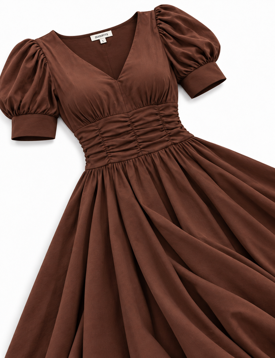 Cocoa Brown Dress & Shirt Couple Set - Her Chocolate Brown Ruched Maxi Dress Luxury Catalog Flat-Lay (Puffed Cap Sleeves, Sweetheart V-Neckline, Smocked Ruched Waist, Pure White Background)