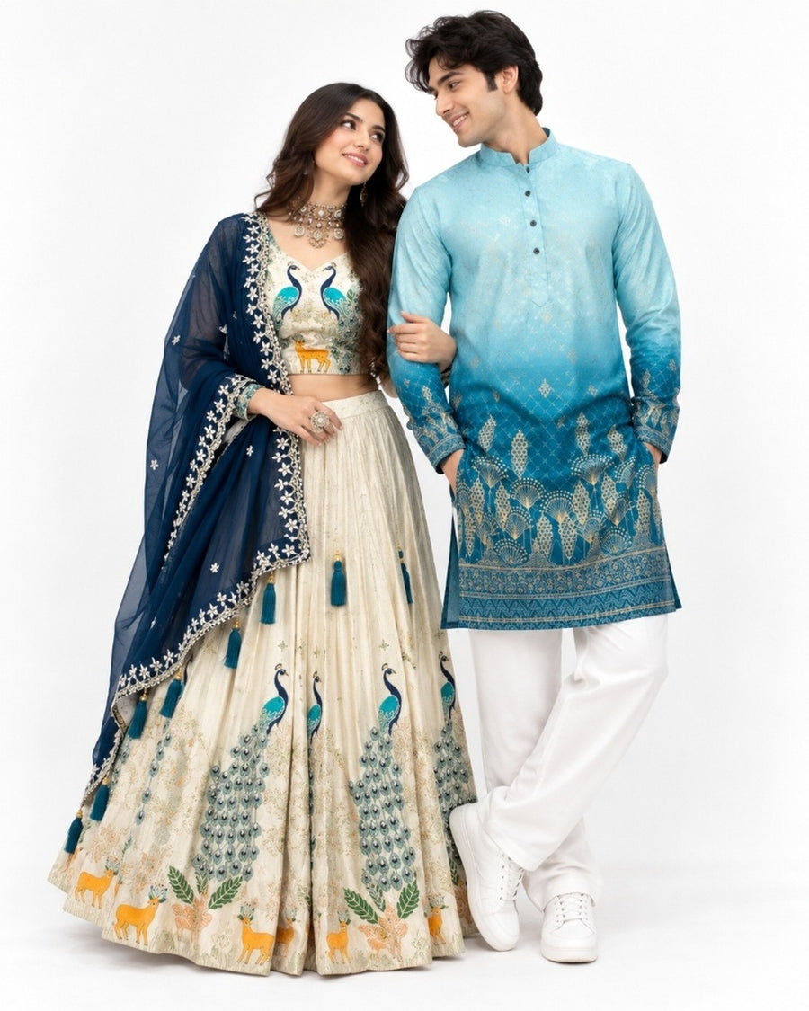 Duoofits "Mayur Azure" Matching Couple Set - Editorial Hero Studio Shot with Turquoise Ombré Kurta and Ivory Peacock Lehenga