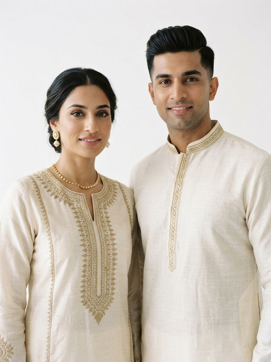 Duoofits Noor Ivory Matching Couple Ethnic Set - Zari Embroidery Portrait Detail