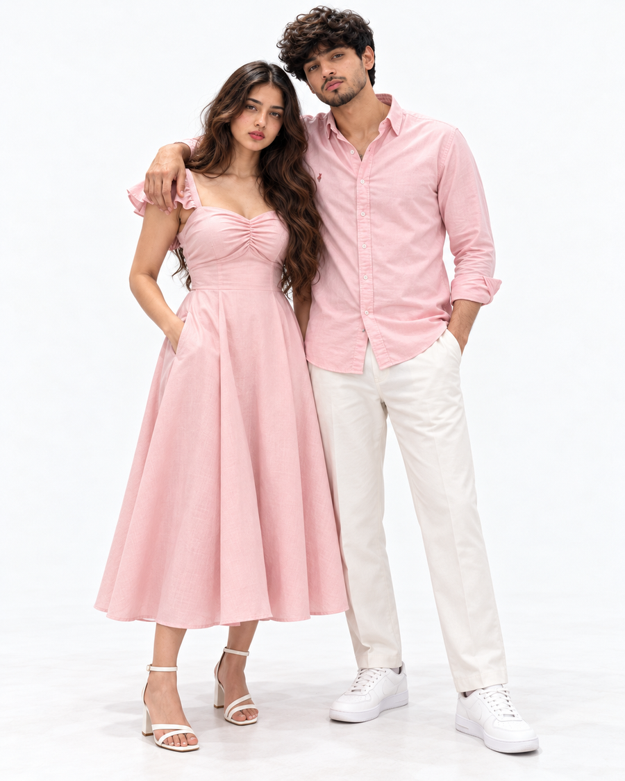 Pastel Pink Matching Couple Set - Full-Length Editorial Hero Studio Shot (Kabir & Tara, Tara on Viewer-Left in Pastel Blush Sweetheart Ruched Midi Dress, Kabir on Viewer-Right in Pastel Pink Oxford Shirt & Cream Chinos, Unsmiling Editorial Poise, Pure White Studio)