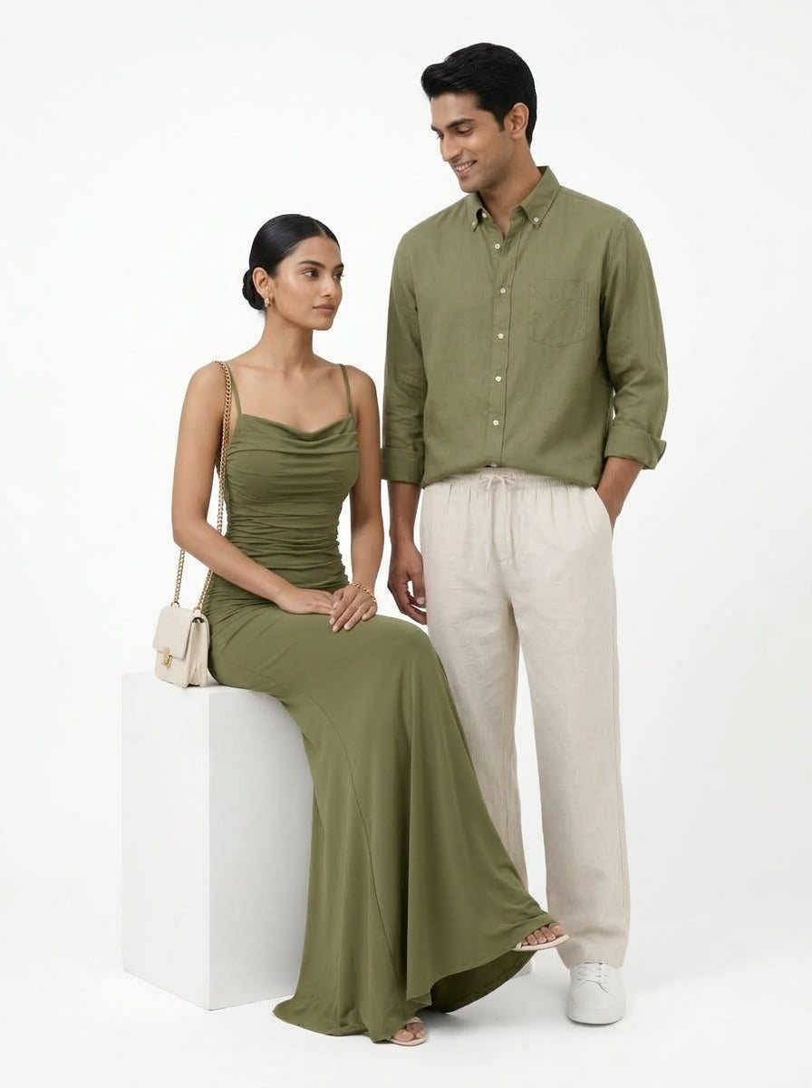 Duoofits Olive Serenity Couple Matching Set - Candid Seated Studio Look
