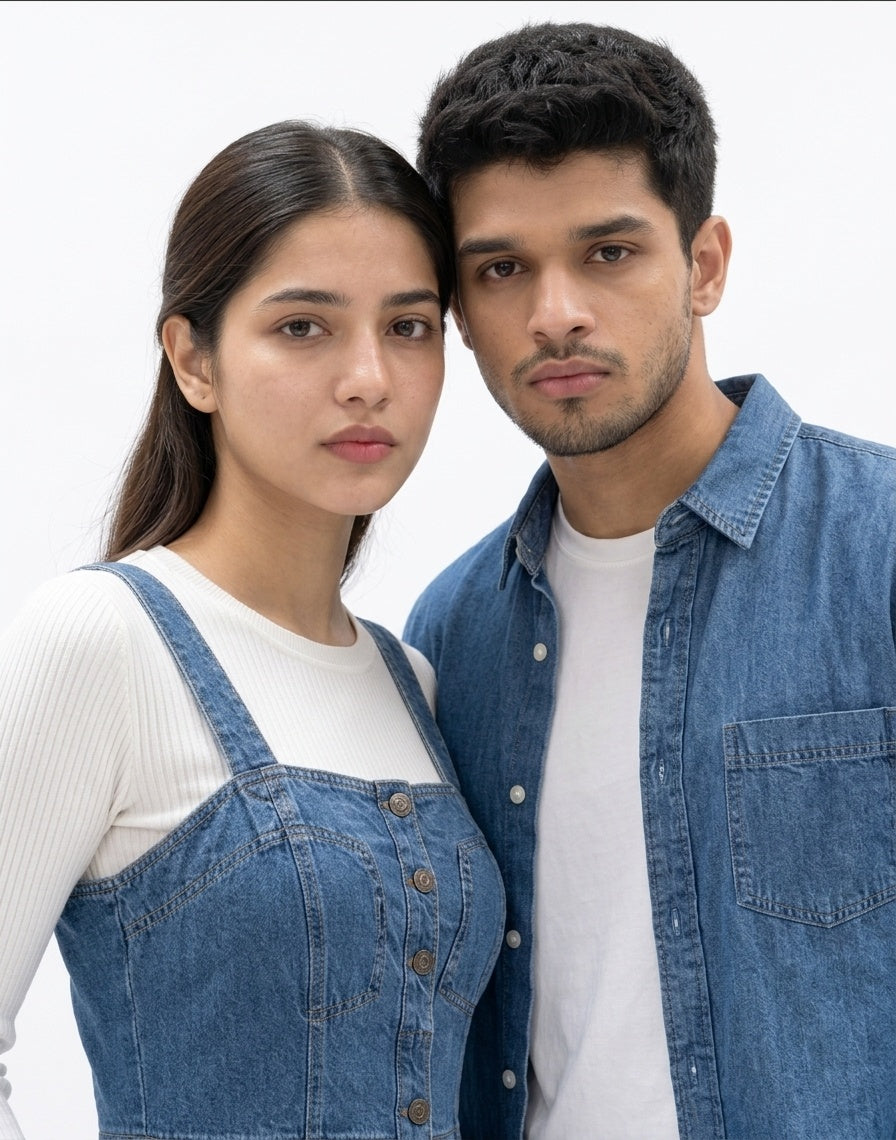 Classic Denim 4-Piece Matching Couple Set - Intimate Couple Close-up Portrait