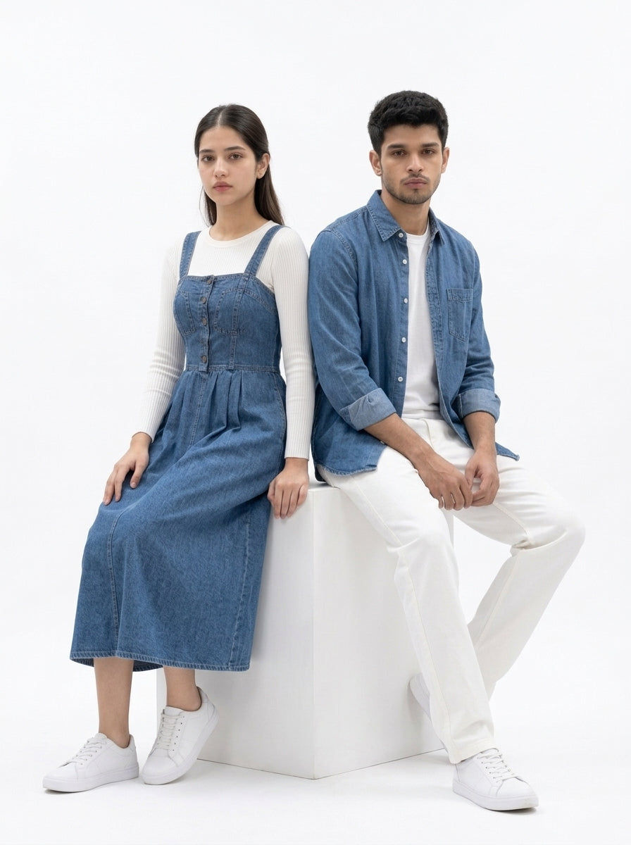Classic Denim 4-Piece Matching Couple Set - Seated Studio Pose on White Cube