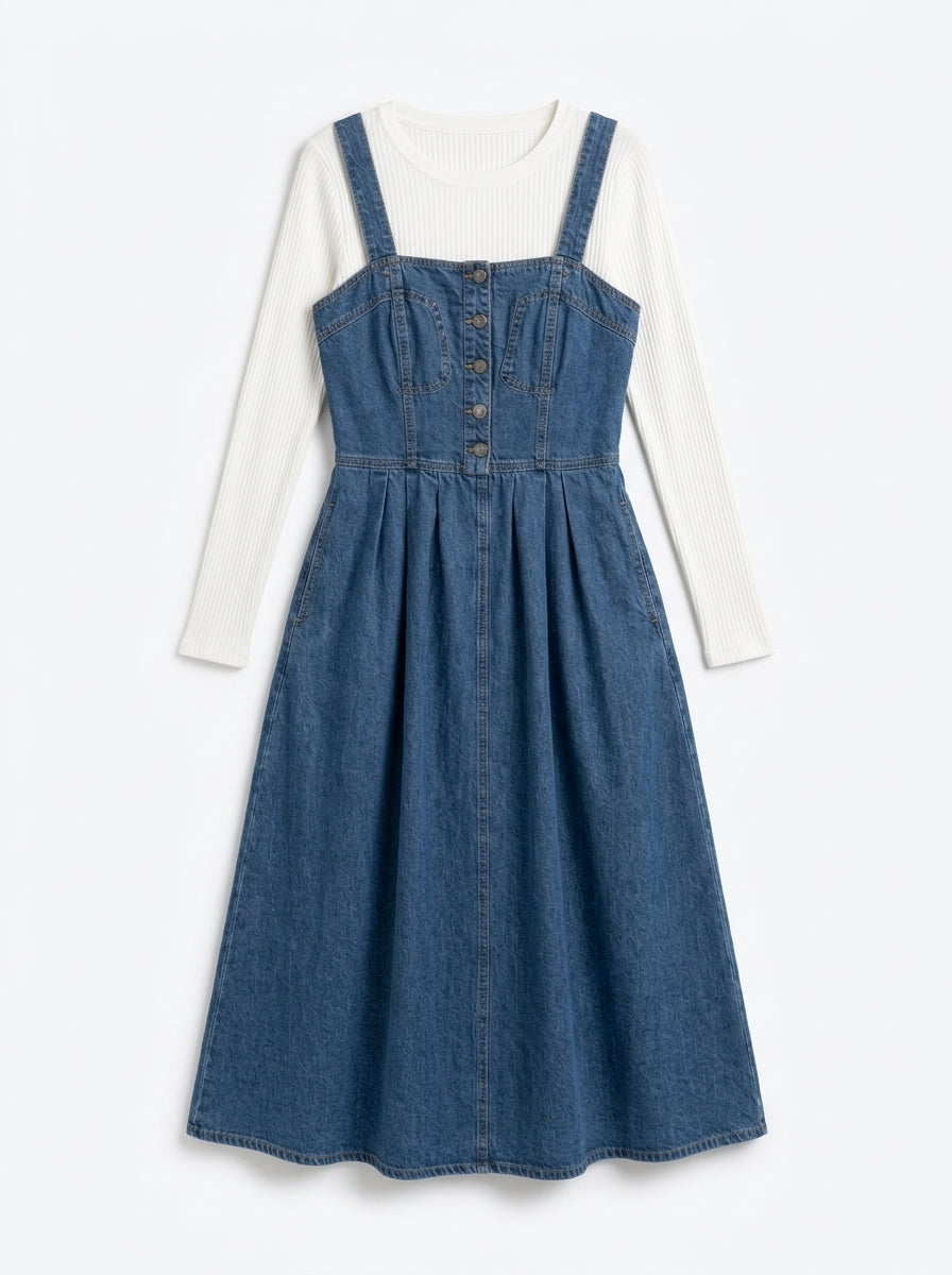 Classic Denim 4-Piece Matching Couple Set - Her 2-Piece Flat-Lay (Pinafore Midi Dress & Ribbed Inner Top)