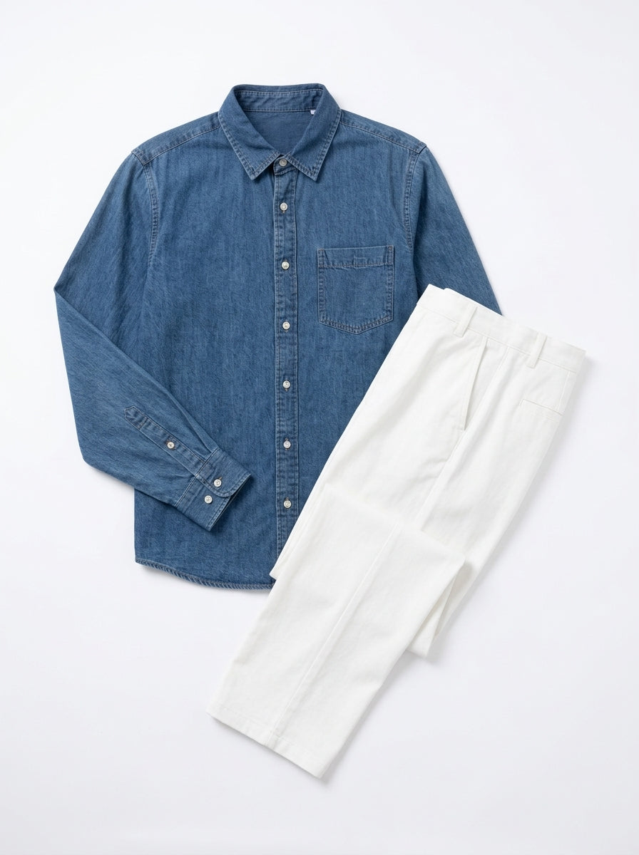 Classic Denim 4-Piece Matching Couple Set - His 2-Piece Flat-Lay (Denim Shirt & Tailored White Trousers)