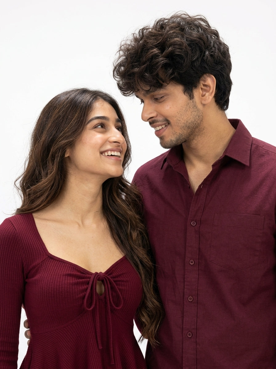 Burgundy Black 4-Piece Matching Couple Set - Intimate Couple Close-up Portrait