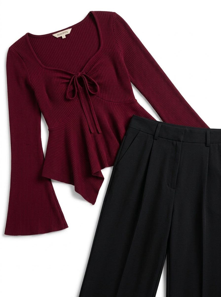Burgundy Black 4-Piece Matching Couple Set - Her 2-Piece Flat-Lay (Peplum Top & Trousers)