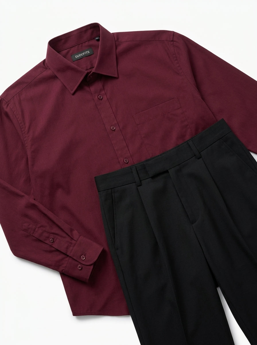 Burgundy Black 4-Piece Matching Couple Set - His 2-Piece Flat-Lay (Poplin Shirt & Trousers)