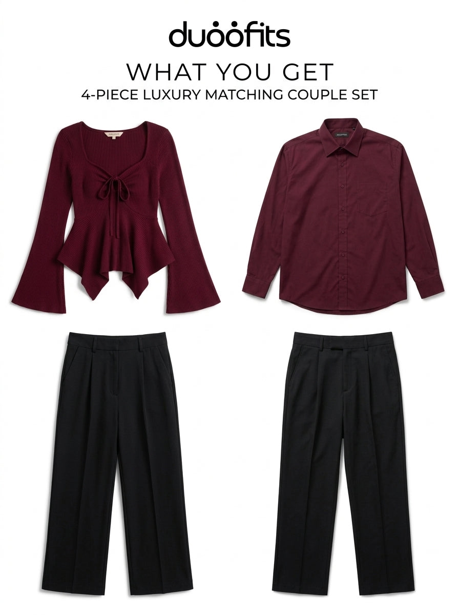Burgundy Black 4-Piece Matching Couple Set - What You Get 4-Piece Commercial Flat-Lay Breakdown