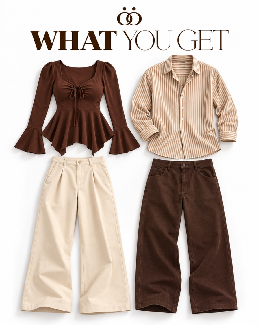 Chocolate Cream 4-Piece Matching Couple Set - What You Get 4-Piece Garment Breakdown (Flat-Lay Display with Official Duoofits Wordmark & Luxury Editorial Typography)