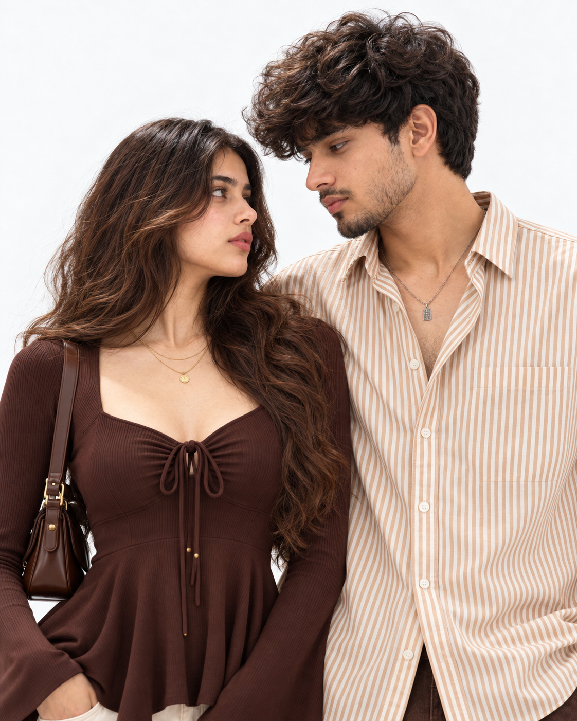 Chocolate Cream 4-Piece Matching Couple Set - Intimate Couple Close-Up Editorial Portrait (Natural Matte Skin, Authentic Chemistry, Pure White Studio Continuity)