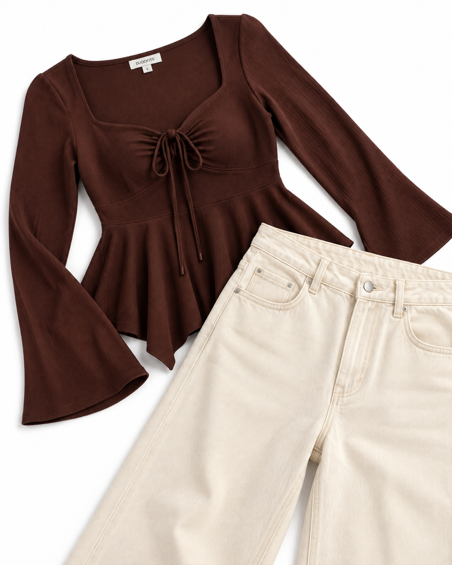 Chocolate Cream 4-Piece Matching Couple Set - Her 2-Piece Outfit Flat-Lay (Chocolate Ribbed Peplum Top with Visible Brand Collar & Cream Wide-Leg Denim Pants, Pure White Background)