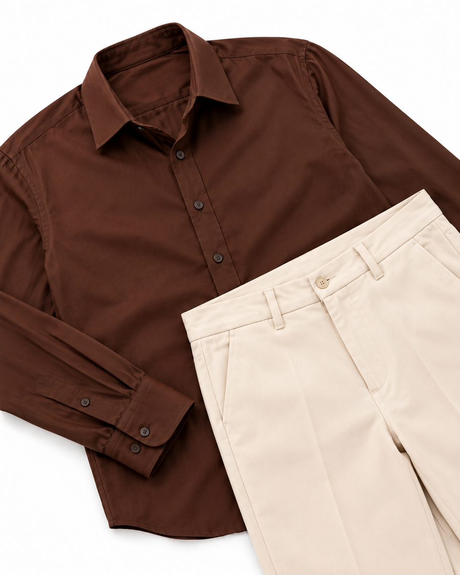 Cocoa Brown Dress & Shirt Couple Set - His 2-Piece Outfit Flat-Lay (Chocolate Brown Long-Sleeve Shirt & Cream Tailored Relaxed Trousers, Diagonal Studio Catalog Flat-Lay, Pure White Background)