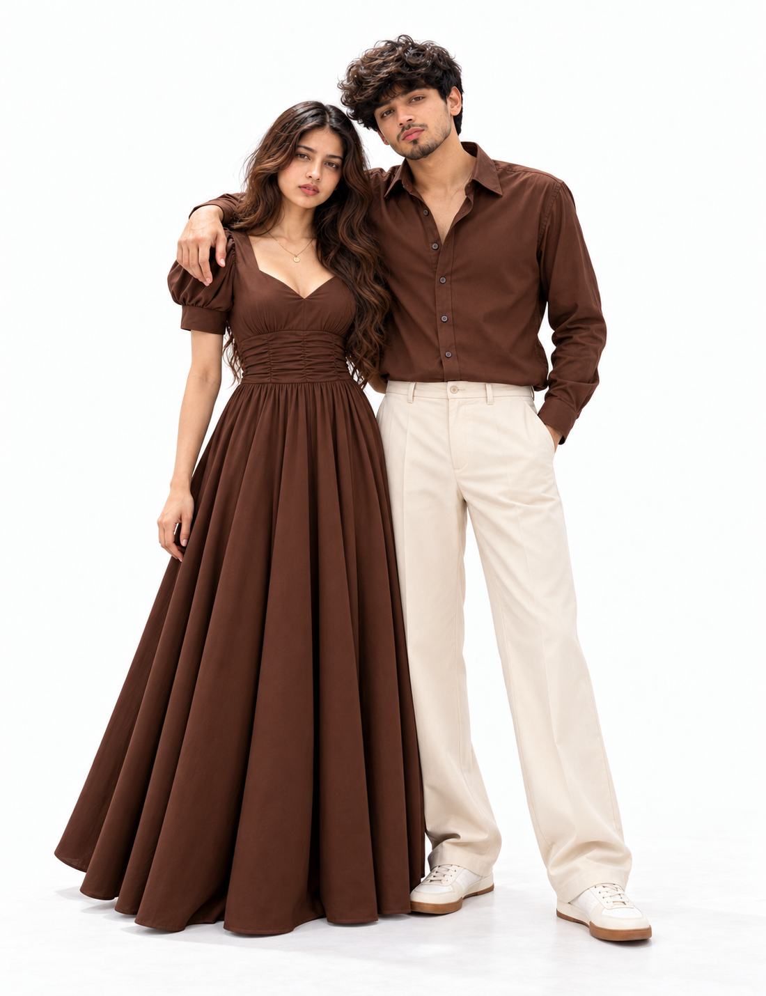 Cocoa Brown Dress & Shirt Couple Set - Full-Length Editorial Hero Studio Shot (Both Models Camera-Facing with Direct Eye Contact, Female in Chocolate Brown Ruched Maxi Dress, Male in Chocolate Brown Shirt & Cream Chinos, Pure White Studio)