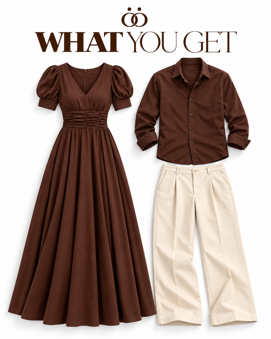 Cocoa Brown Dress & Shirt Couple Set - What You Get 3-Piece Commercial Garment Breakdown (Her Chocolate Maxi Dress, His Chocolate Shirt, His Cream Trousers, Official Duoofits Wordmark, Pure White Studio)