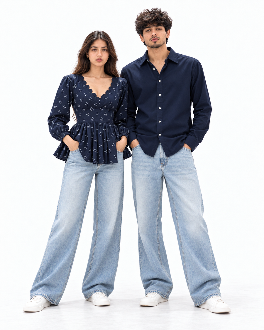 Navy Denim Matching Couple Set - Full-Length Editorial Hero Studio Shot (Kabir & Tara, Tara on Viewer-Left in Deep Navy Booti Peplum Kurti & Relaxed Wide-Leg Denim, Kabir on Viewer-Right in Deep Navy Cotton Shirt & Wide-Leg Denim, Unsmiling Editorial Poise, Pure White Studio)