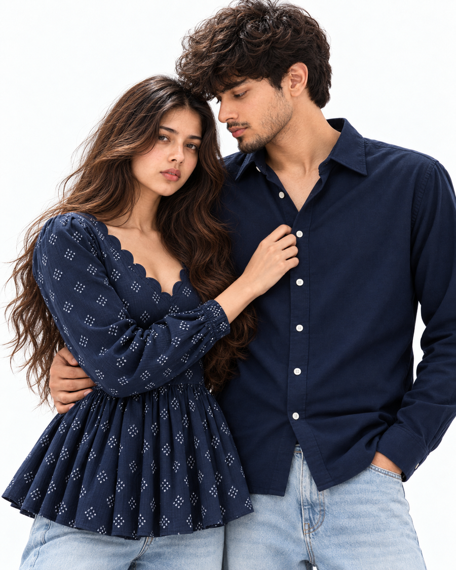 Navy Denim Matching Couple Set - Intimate Couple Close-Up Editorial Portrait (Kabir & Tara, Affectionate Glance, Unsmiling Poise, Natural Matte Skin, Dry Voluminous Hair, Pure White Studio)
