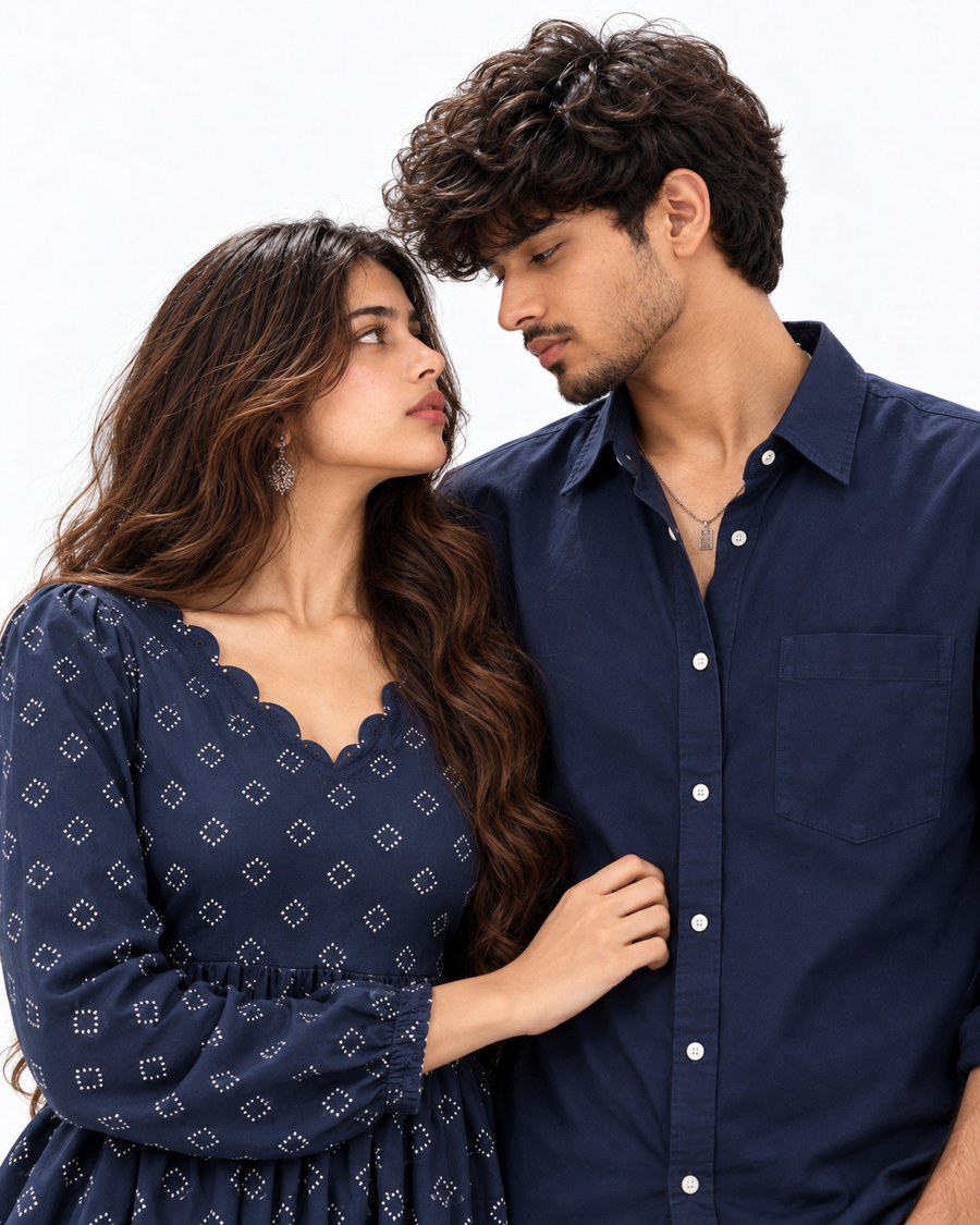 Navy Denim Matching Couple Set - Intimate Couple Close-Up Editorial Portrait (Kabir & Tara, Affectionate Glance, Unsmiling Poise, Natural Matte Skin, Dry Voluminous Hair, Pure White Studio)