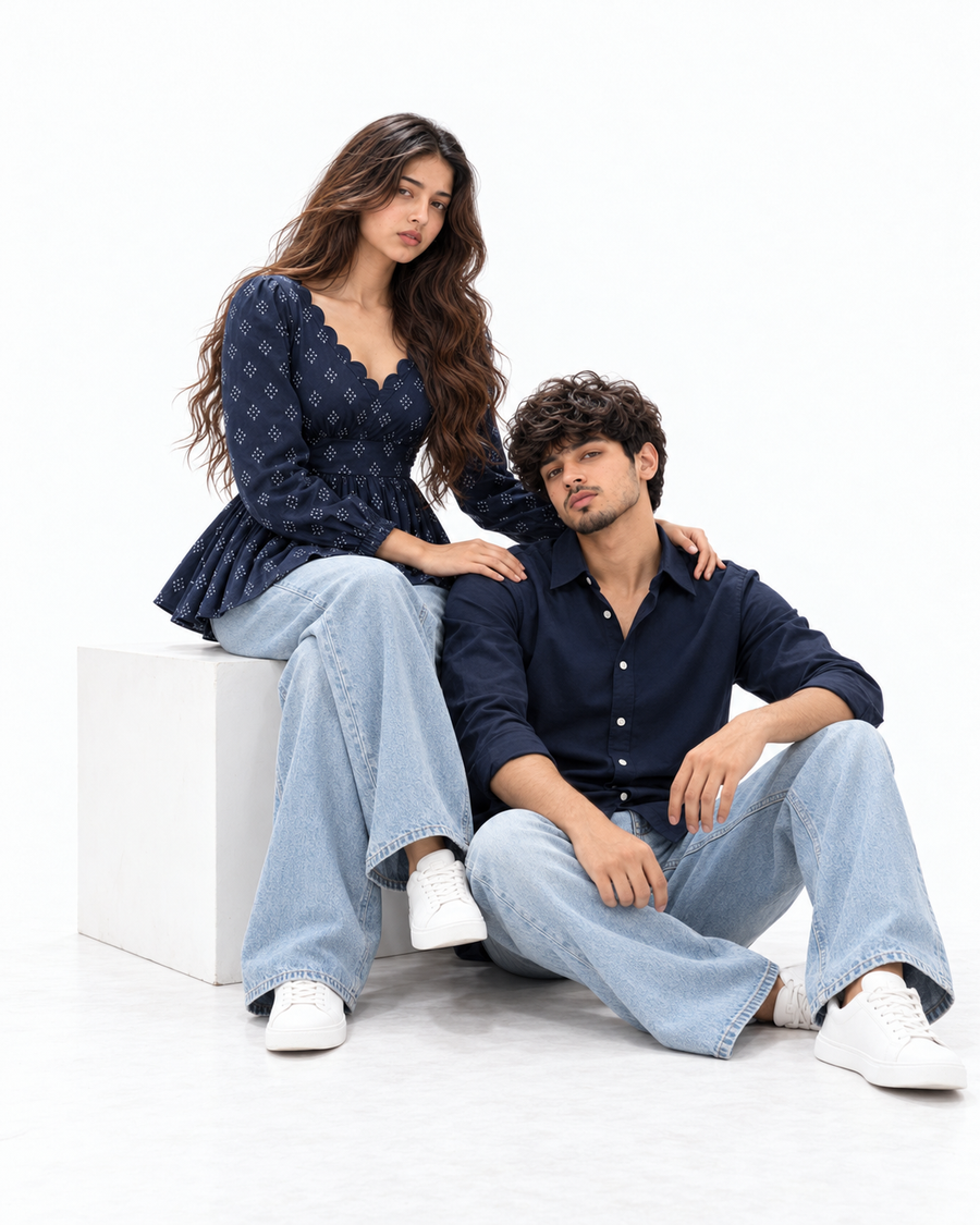 Navy Denim Matching Couple Set - Seated Editorial Studio Pose on White Cube (Kabir & Tara, Tara Seated on Cube, Kabir Seated Beside Cube, Gentle Hand on Shoulder, Unsmiling Poise, Pure White Studio)