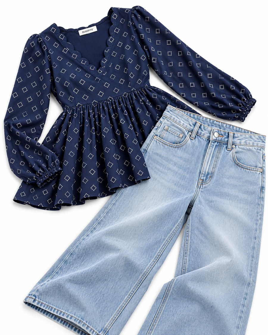 Navy Denim Matching Couple Set - Her 2-Piece Outfit Luxury Catalog Flat-Lay (Deep Navy Printed Peplum Kurti & Light-Wash Wide-Leg Denim, Scalloped V-Neck, Duoofits Neck Label, Pure White Background)