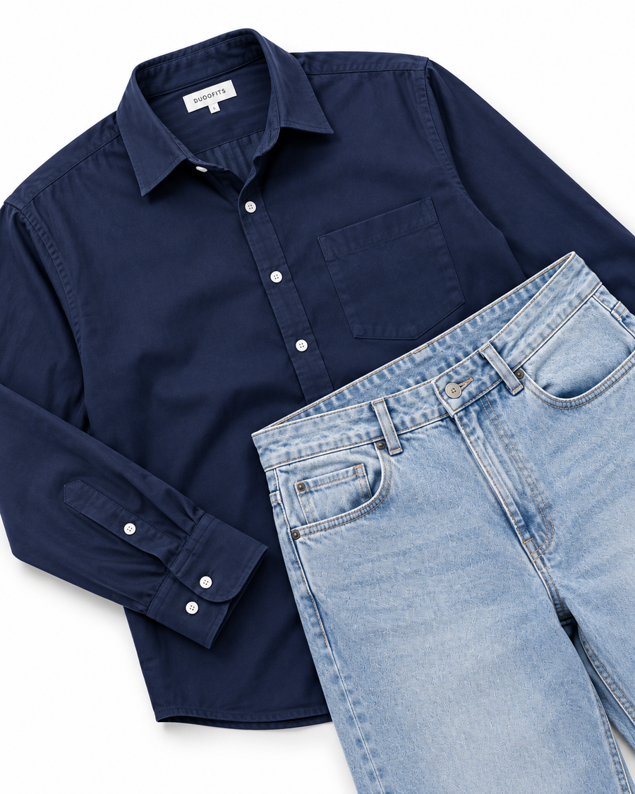 Navy Denim Matching Couple Set - His 2-Piece Outfit Flat-Lay (Deep Navy Cotton Button-Down Shirt & Light-Wash Wide-Leg Denim, Diagonal Studio Catalog Flat-Lay, Duoofits Label, Pure White Background)