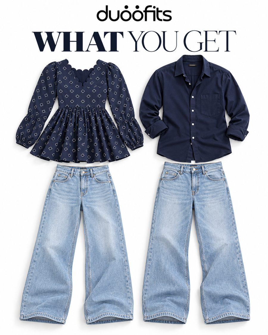Navy Denim Matching Couple Set - What You Get 4-Piece Commercial Garment Breakdown (Her Peplum Kurti, Her Wide-Leg Denim, His Navy Cotton Shirt, His Wide-Leg Denim, Official Duoofits Wordmark, Pure White Studio)