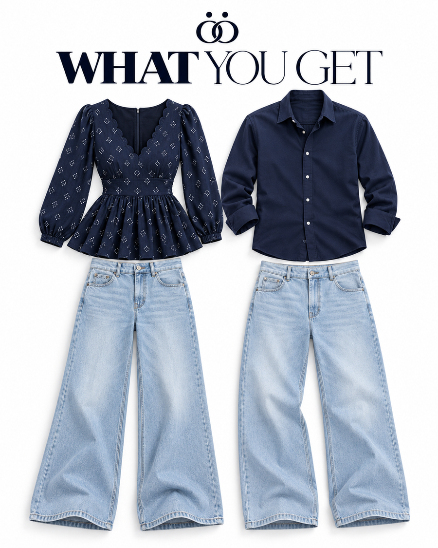 Navy Denim Matching Couple Set - What You Get 4-Piece Commercial Garment Breakdown (Her Peplum Kurti, Her Wide-Leg Denim, His Navy Cotton Shirt, His Wide-Leg Denim, Official Duoofits Wordmark, Pure White Studio)