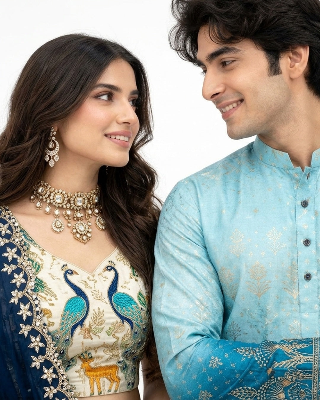Duoofits "Mayur Azure" Matching Couple Set - Zari Embroidery and Kundan Neckline Close-up Portrait Detail