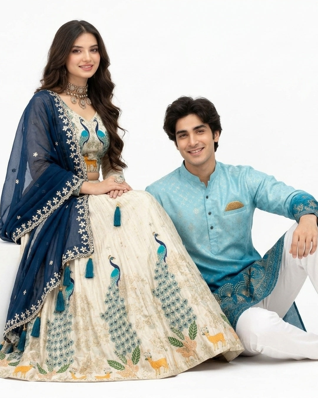 Duoofits "Mayur Azure" Matching Couple Set - Seated Editorial Couple Studio Pose