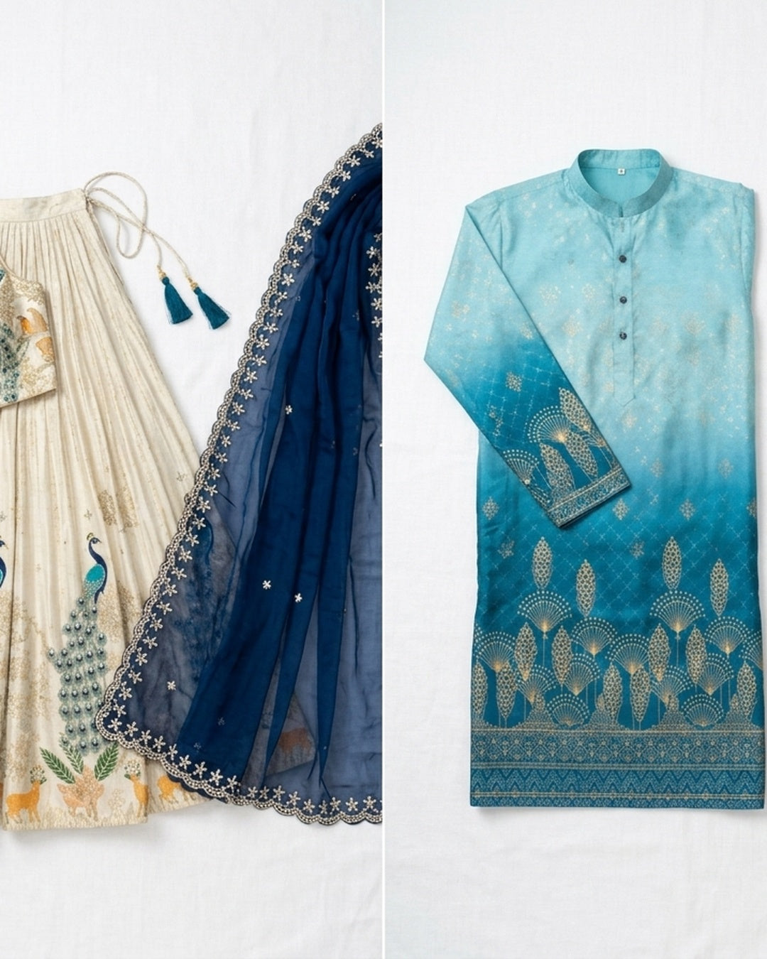 Duoofits "Mayur Azure" Matching Couple Set - What You Get Flat Lay (Turquoise Kurta, White Silk Pant, Ivory Peacock Lehenga Set)