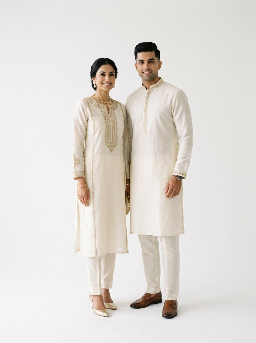 Duoofits Noor Ivory Matching Couple Ethnic Set - Editorial Hero Studio Shot