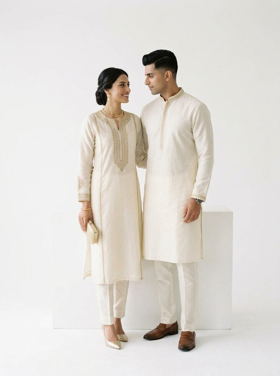 Duoofits Noor Ivory Matching Couple Ethnic Set - Seated Studio Pose