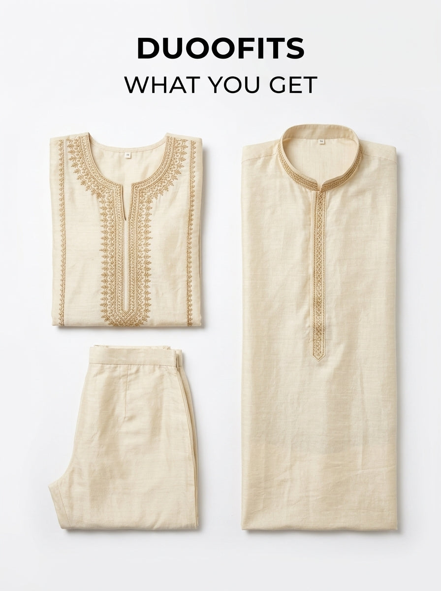 Duoofits Noor Ivory Matching Couple Ethnic Set - What You Get Flat Lay (Kurta, Kurti, Trousers)