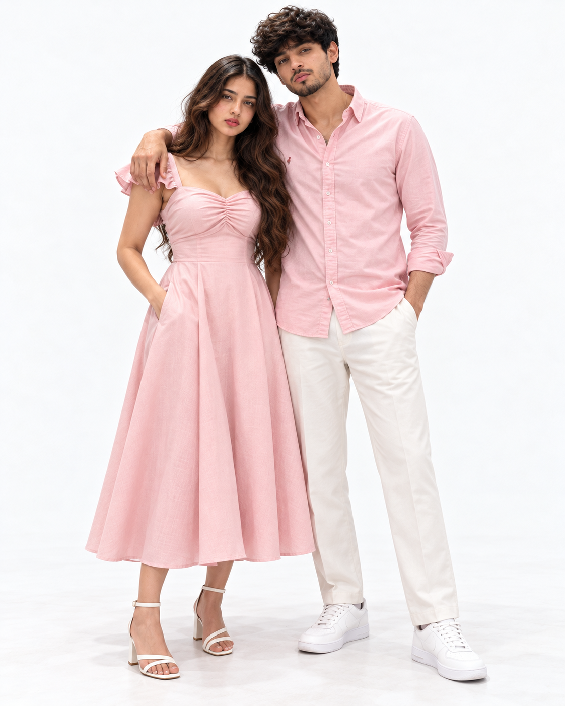 Pastel Pink Matching Couple Set - Full-Length Editorial Hero Studio Shot (Kabir & Tara, Tara on Viewer-Left in Pastel Blush Sweetheart Ruched Midi Dress, Kabir on Viewer-Right in Pastel Pink Oxford Shirt & Cream Chinos, Unsmiling Editorial Poise, Pure White Studio)