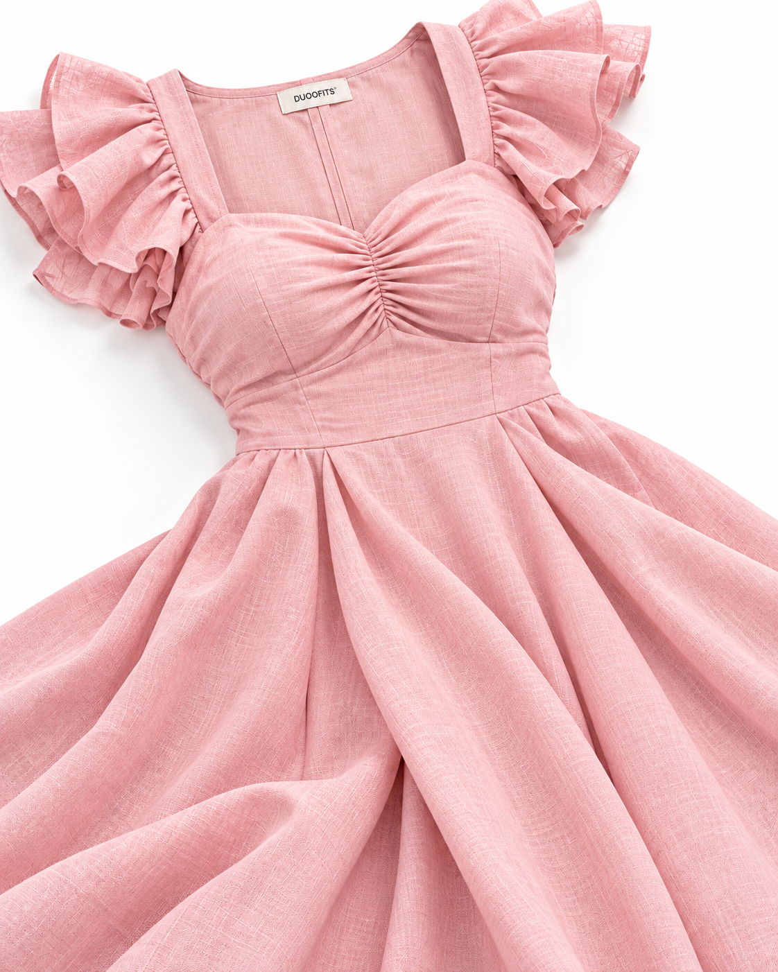 Pastel Pink Matching Couple Set - Her Pastel Blush Pink Sweetheart Ruched Midi Dress Luxury Catalog Flat-Lay (Ruffled Flutter Sleeves, Sweetheart Ruched Bust, Duoofits Neck Label, Pure White Background)