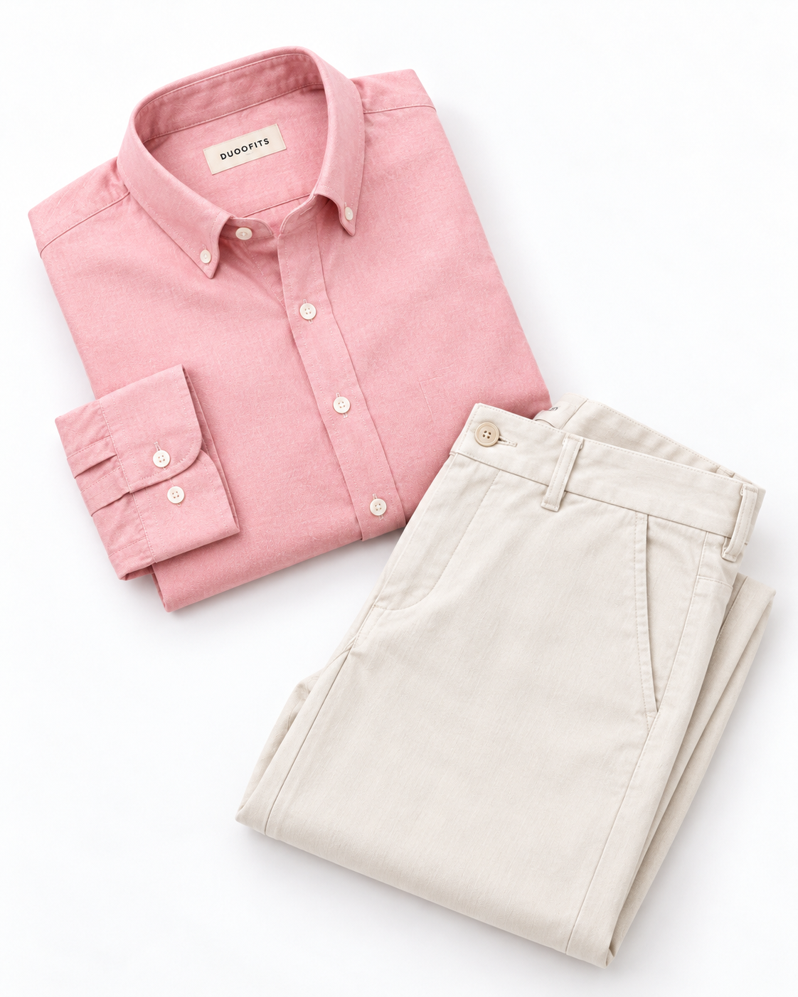 Pastel Pink Matching Couple Set - His 2-Piece Outfit Flat-Lay (Pastel Pink Button-Down Oxford Shirt & Cream Tailored Relaxed Chinos, Diagonal Studio Catalog Flat-Lay, Duoofits Label, Pure White Background)