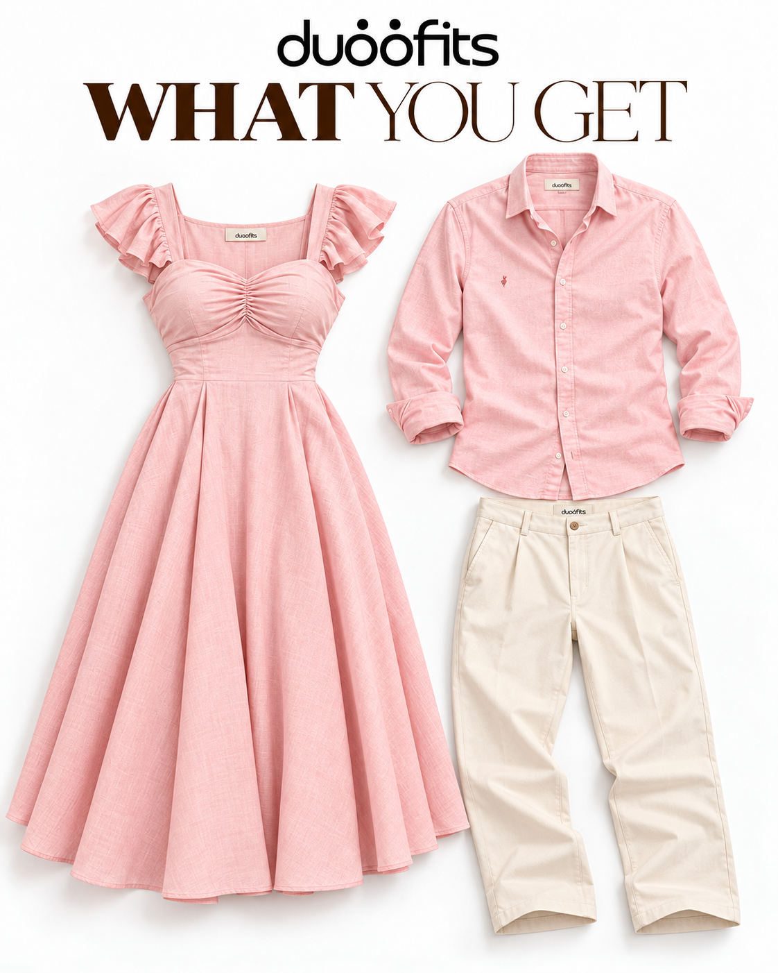 Pastel Pink Matching Couple Set - What You Get 3-Piece Commercial Garment Breakdown (Her Sweetheart Dress, His Pink Oxford Shirt, His Cream Trousers, Official Duoofits Wordmark, Pure White Studio)