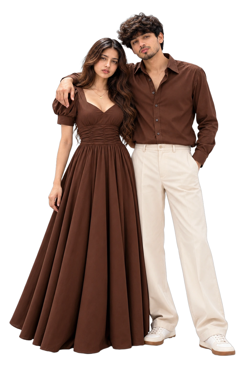 Cocoa Brown Dress & Shirt Couple Set - full couple look