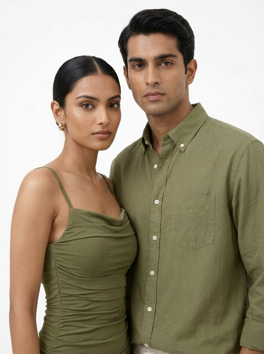 Duoofits Olive Serenity Couple Matching Set - Close-up Editorial Portrait