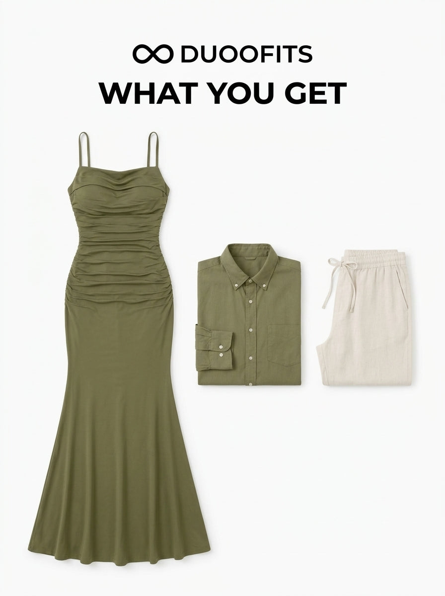 Duoofits Olive Serenity Couple Matching Set - What You Get Flat Lay